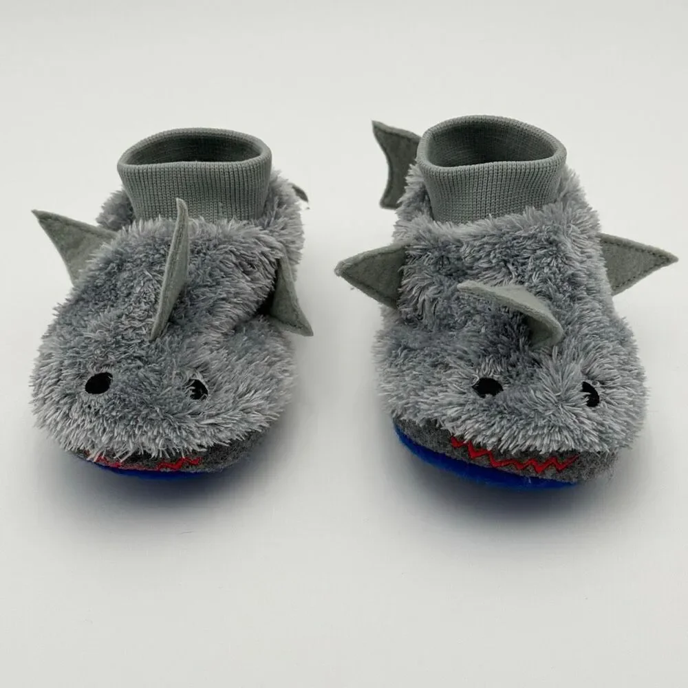 L.L. Bean Slip-On Fuzzy Gray Shark Slippers with Fins - US Toddler Size 7-8